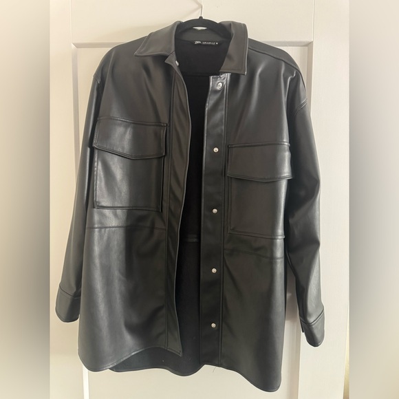 ZARA Faux Oversized Leather Button Up Shirt/Jacket BLACK XS - Picture 4 of 6